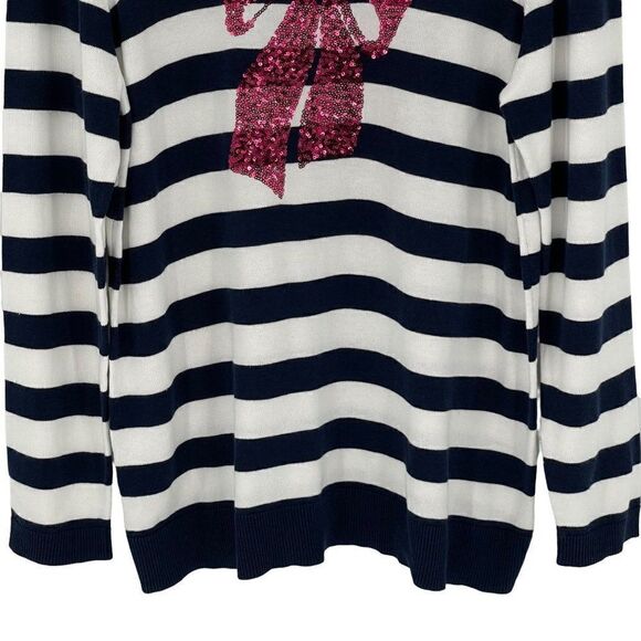 Kim Rogers Intarsia Stripe Crewneck Sweater Sequin Bow Graphic White Blue Large - Picture 4 of 11
